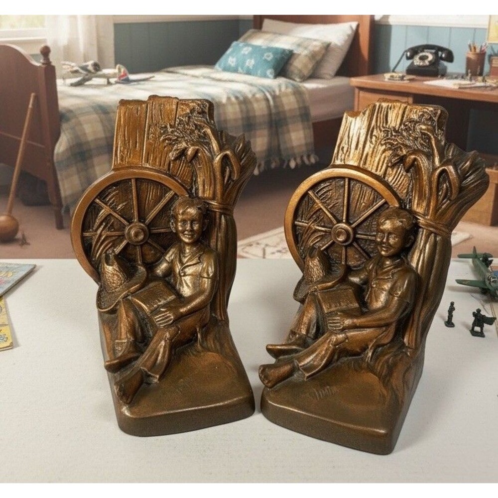 Vintage MCM Huckleberry Finn Brass Bronze Bookends Boy Wagon Wheel PMC 87 Heavy
